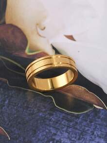 1pc Stainless Steel 18K Gold Plated 520 1314 Engraved Double Groove Textured Wide Band Ring I Love You Forever Finger Ring Suitable For T-Shirt Shirt Suit And Other Daily Outfits Versatile Elegant Accessory - 520 1314 Engraved Ring - View 8