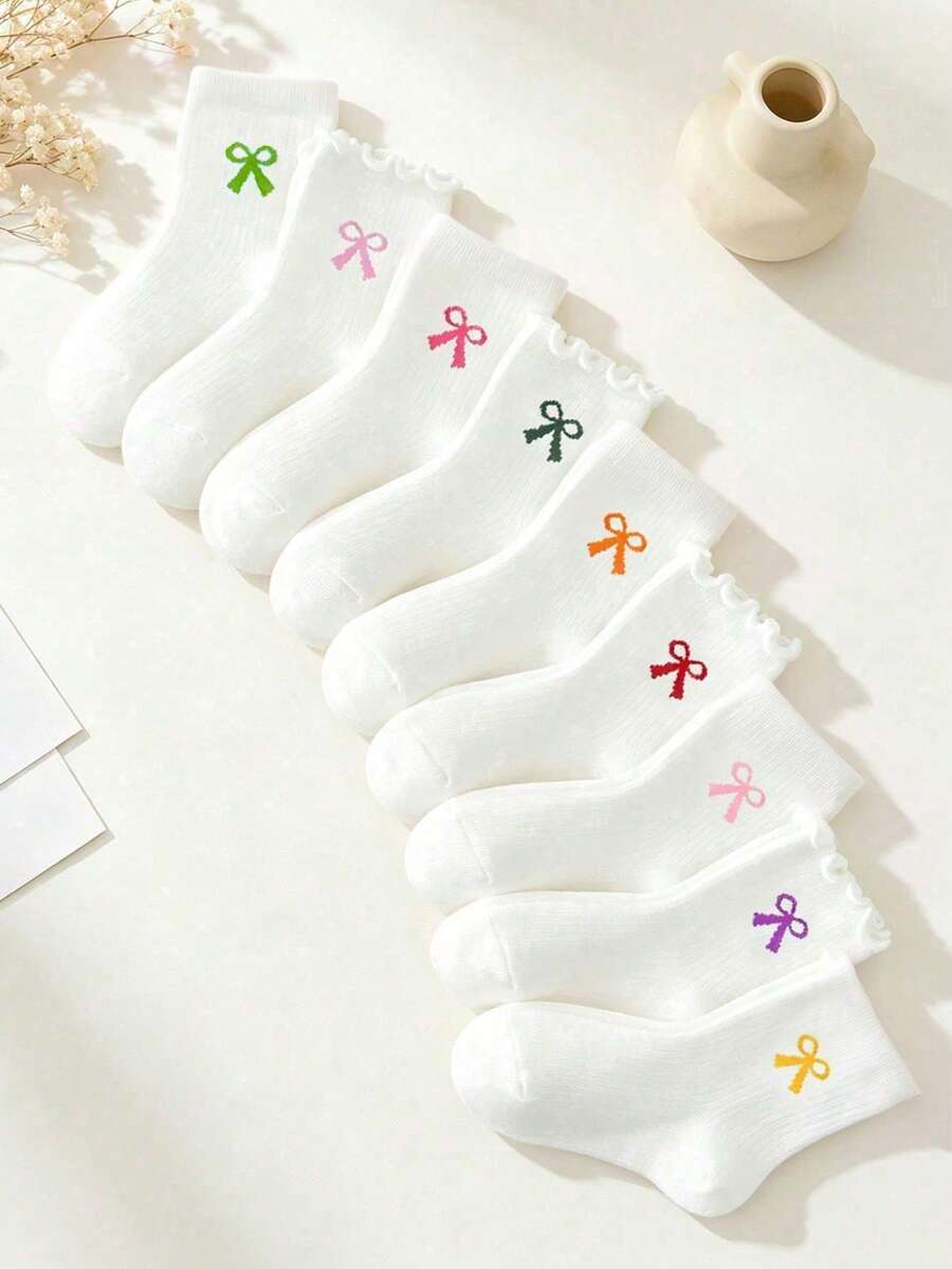 5/10 Pairs Random Style Children's Mid-Calf Socks, White With Colorful Bows, Ruffle Trim, Back To School Essential Casual Wear Socks For Baby Girls - Multicolor - View 1