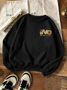 Plus-Size Women's Fashion Sweatshirt, Suitable For Everyday Commuting, Featuring A Sunflower And Hat Graphic Print, Perfect For Winter Casual Wear. - Black - View 2
