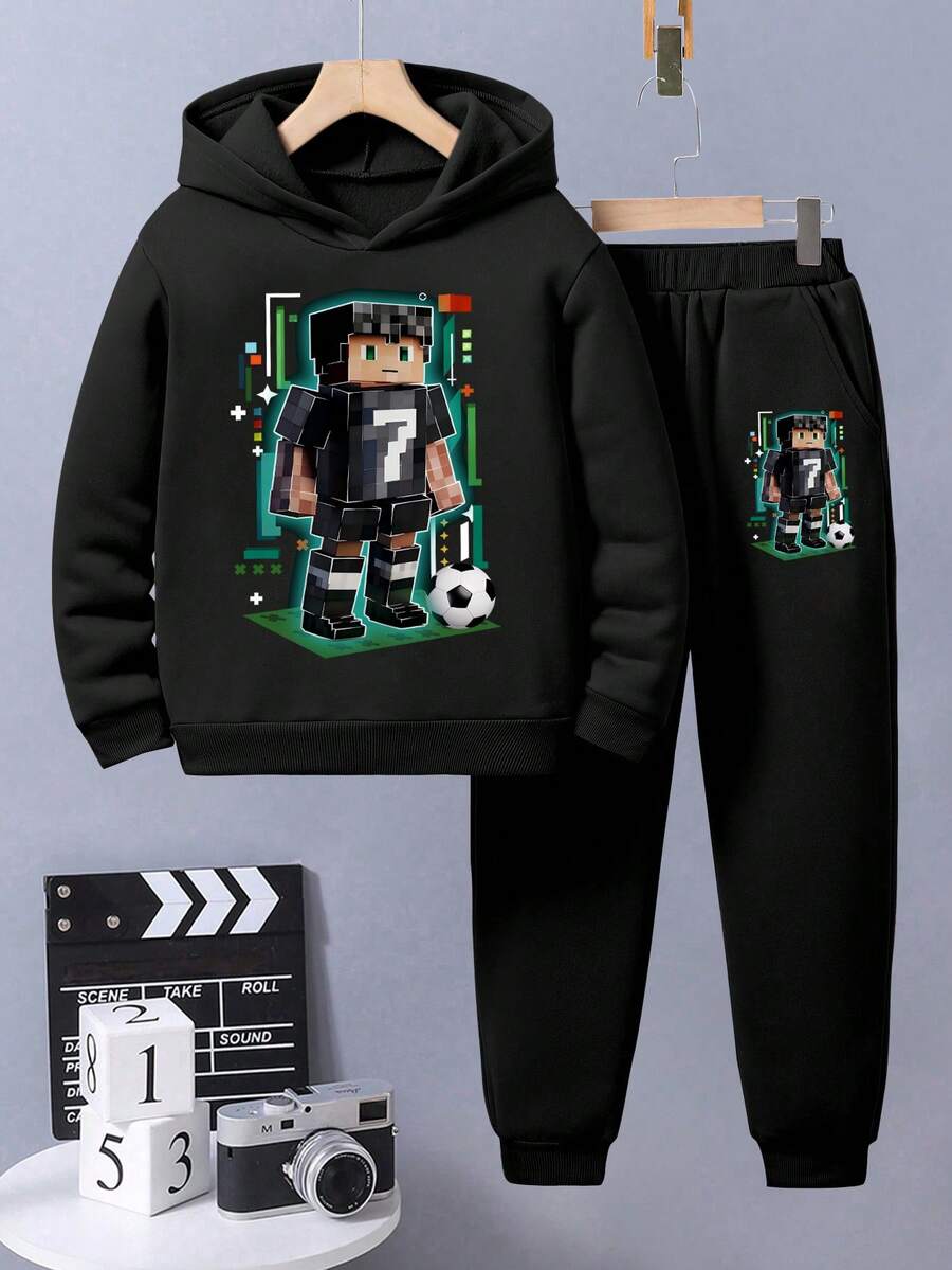 Boys' Cartoon Pattern Hooded Sweatshirt And Sweatpants Warm Set - Black - View 1