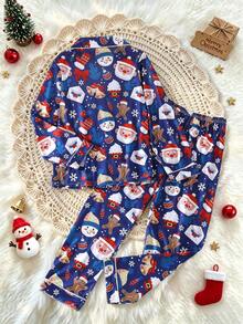 2pcs/Set Christmas Children's Pajama Set, Cartoon Christmas Snowman Print Pattern Lapel Long Sleeve Cardigan With Elastic Waist Long Pants, Flame Retardant Knit Fabric, Suitable For All Seasons, Girls Middle And Older Children - Navy Blue - View 2