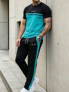 Men's Autumn/Winter Minimalist Comfortable Black & Green Colorblock Short Sleeve Top And Side Stripe Long Pants Set - Multicolor - View 1