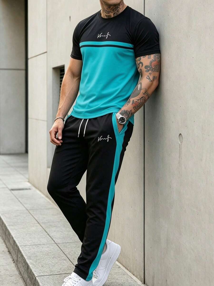 Men's Autumn/Winter Minimalist Comfortable Black & Green Colorblock Short Sleeve Top And Side Stripe Long Pants Set - Multicolor - View 1