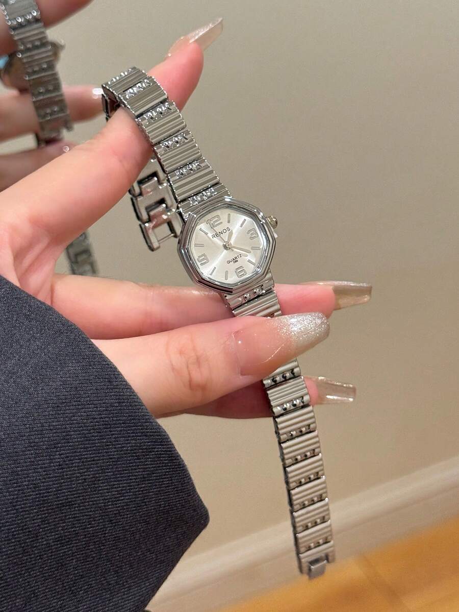 1pc Silver Octagonal Women'S Quartz Watch With Mixed Markers And White Dial Simple And Compact Suitable For Everyday Wear. - Silver - View 1