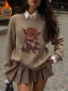Autumn/Winter Essential: Cute Highland Cow Plaid Knit Scarf, Casual & Warm, With Adorable Animal Pattern, Elevate Your Seasonal Look - Earth Gray - View 11