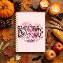 1pc 14*21cm Spiral Notebook, Brave Pink Ribbon Awareness Design For School, Home, Office, Note Taking, Journaling, Daily Planner, Leopard Print Letter Pink Watercolor Splash Heart Pattern - Pink - View 5