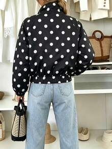 Fashion Drawstring Stand Collar Loose Drop Shoulder Polka Dot Short Jacket - Black - View 2