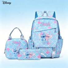 Miniso Disney Stitch And Angel Cartoon Cute Design Blue And Pink Print Backpack 3-Piece Set, Includes Insulated Bag And Pencil Case, Multi-Functional Backpack For Daily Organization, Work And Study - Color 1 - View 2