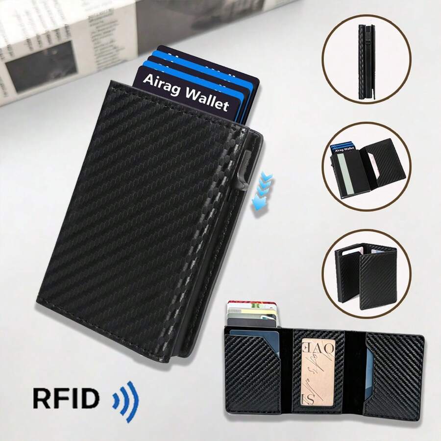1PC Men's Casual Fashion 3-Fold Automatic Pop-Up Card Holder, Anti-Theft RFID Carbon Fiber Texture Anti-Demagnetization Card Sleeve, Pop-Up Aluminum Alloy Multi-Function (Gift For Father, Mother, Teacher, Couple, Must-Have Gift, Christmas, Halloween Gift)