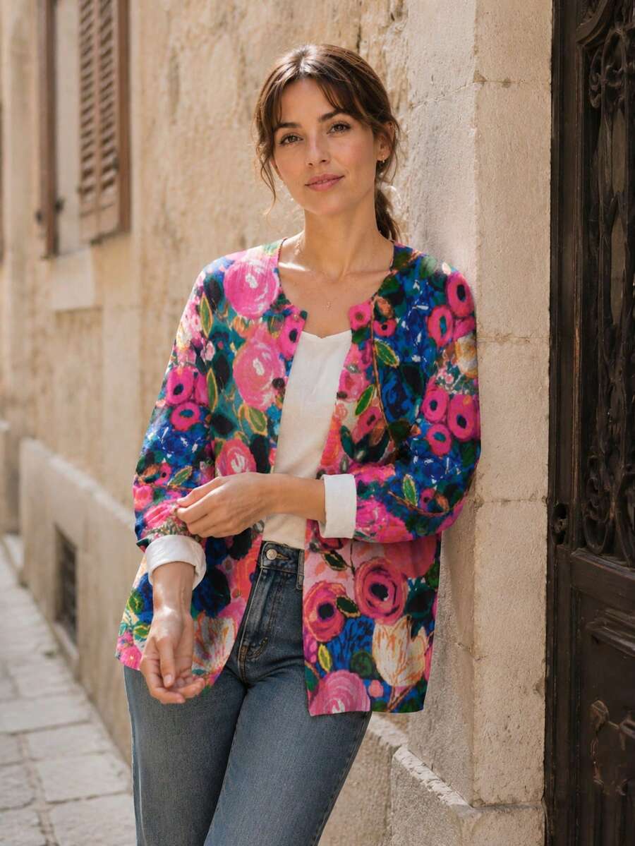 3D Floral Print Cardigan - Flower Pattern, Button Front Design, Lightweight Sweater, Suitable For All Seasons, Loose Casual Jacket, Structured Silhouette Vacation - Hot Pink - View 1