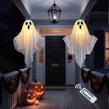 2 Pack Halloween Light Up Ghost Decorations, Battery Operated Flying Hanging Ghosts Glowing Led Lights Remote Control 8 Lighting Modes Floating Swinging Yard Garden Porch Outdoor Indoor Decor - View 2