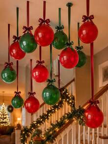 Christmas Red & Green Latex Balloon Set With Satin Ribbon And Glue Dots, Hanging Decor For Christmas Party, Home Ceiling, Birthday Party, Shower Party, Holiday Celebration - Red and Dark Green - View 3