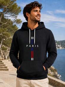 Men's Minimalist Paris Letter Red White Blue Striped Print Sweatshirt, Long Sleeve Drawstring Pocket Casual Sports Sweatshirt - Black - View 2