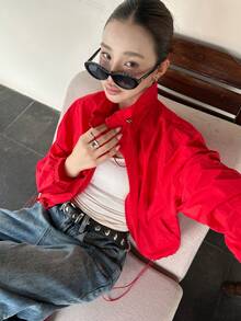 Women's Short Lightweight Jacket, Romantic Red, Single Layer, Drawstring Collar, Loose Fit, Fashionable Versatile, Wear Alone Or Layer - Red - View 14
