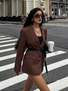 Vintage Brown Pinstripe Fabric, Classic Notch Lapel Single-Breasted Design Jacket, Suitable For Commuting, Street Style, And Dating Occasions - Khaki - View 7
