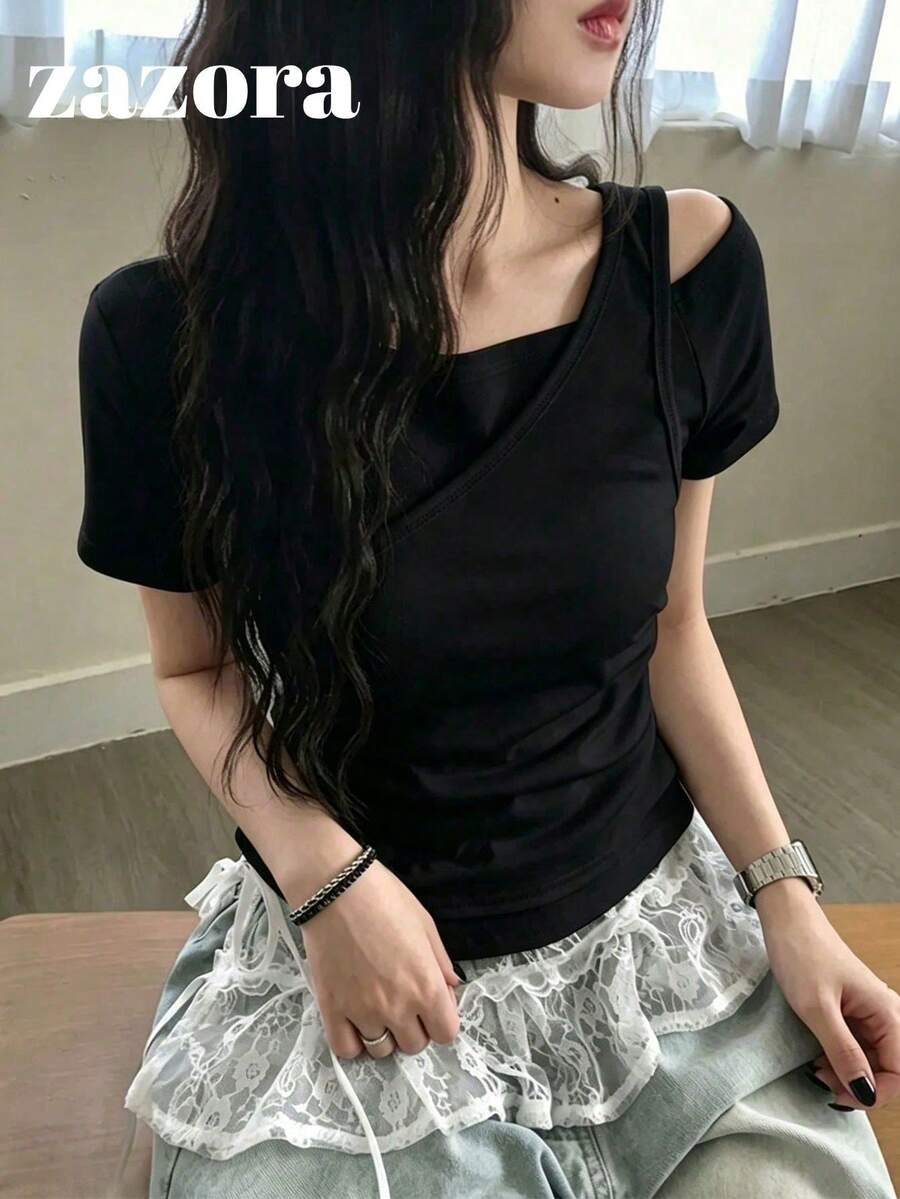 Korean Style Summer Asymmetrical Shoulder 2 In 1 Slimming Versatile Patchwork Short Sleeve T-Shirt For Women Black Casual - Black - View 1