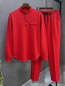 Men's Plus Size Polo Set, Autumn Long Sleeve Top And Long Pants Casual Solid Color Plus Size Men's Clothing - Red - View 2