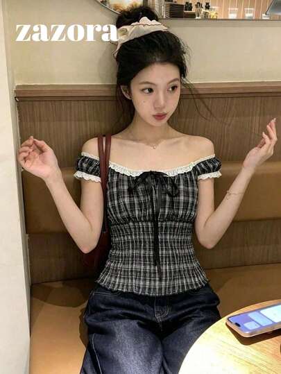 韓式溫柔風夏季蝴蝶結綁帶短款百褶收腰短袖襯衫上衣