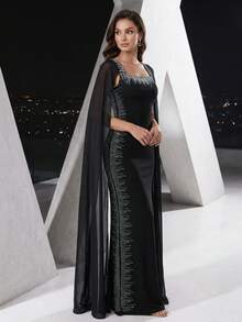 YISIKADO Rhinestone Embellished Elegant Fitted Chiffon Square Neck Split Sleeve Long Dress For Women Wedding Guest Party - Black - View 3