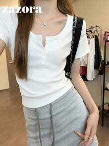 White Thin Low Neck Short Sleeve T-Shirt Women Korean Style Slim Fit Cropped Top - White - View 6