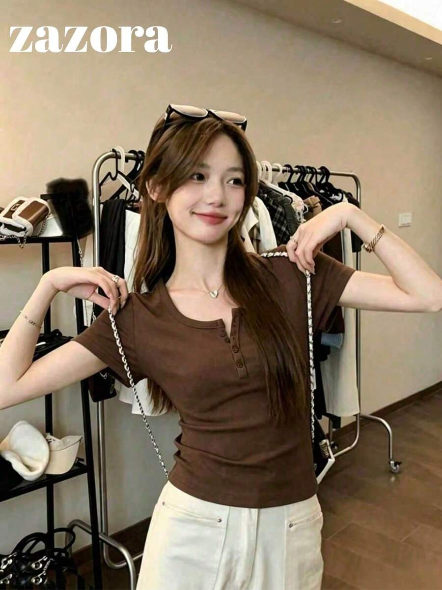Brown Thin Low Neck Short Sleeve T-Shirt Women Korean Style Slim Fit Cropped Top - Brown - View 1