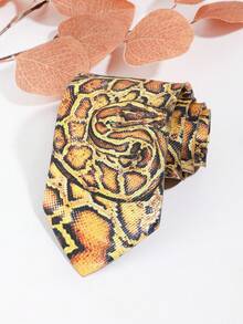 1Pc Men Yellow Brown Python Snake Print Soft Fabric Novelty Stylish Necktie For Party Halloween Costume - Multicolor - View 5