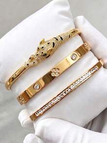 3/1pcsGold‑Tone Stainless Steel Bangle, Rhinestone‑Encrusted Panther Head Design, Bold Luxurious Vibe For Daily Styling - Gold - View 8