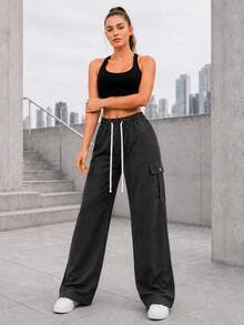 Black Wide Leg Cargo Pants For Women With Elastic Drawstring Waist Flap Pockets Relaxed Loose Fit Trousers For Daily Wear - Black - View 4