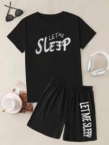 Plus Size Men's 2-Piece Pajama Set, Letter Print Design, Black Top And Shorts Loungewear Set - Multicolor - View 2