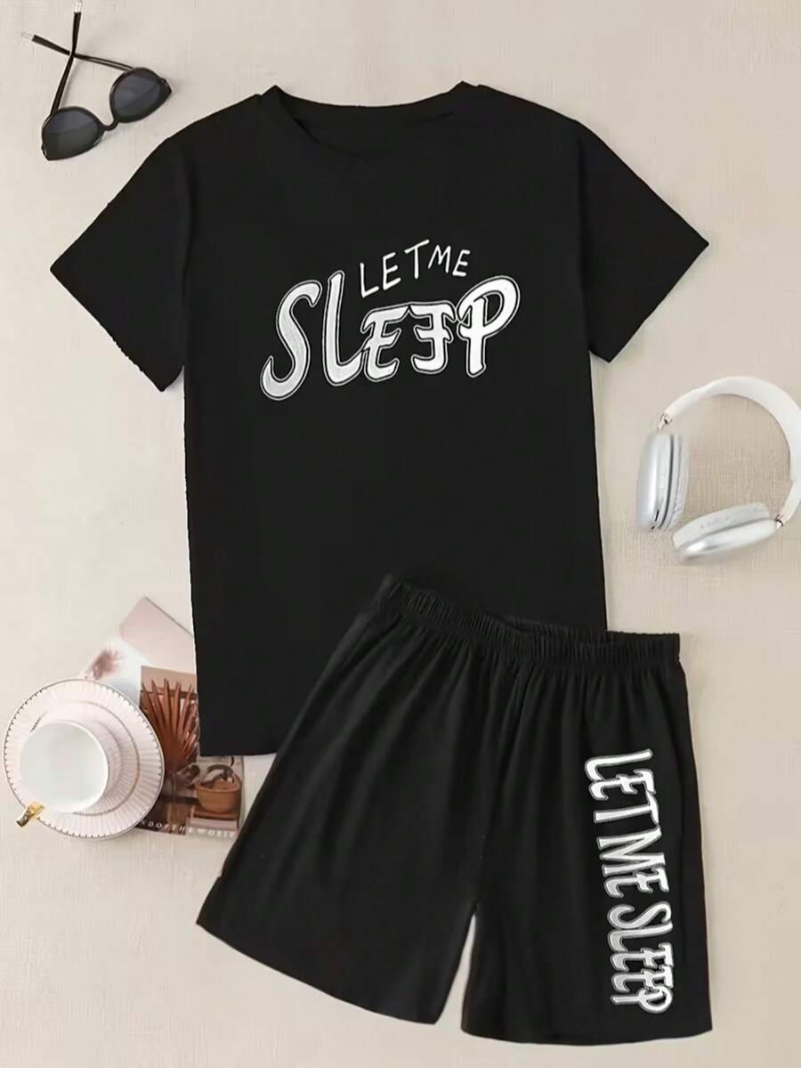 Plus Size Men's 2-Piece Pajama Set, Letter Print Design, Black Top And Shorts Loungewear Set - Multicolor - View 1