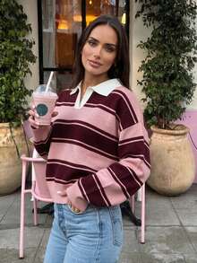 Women's Colorblock Casual Versatile Daily Wear Long Sleeve Sweater - Camellia Pink & Purple-red - View 3