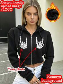 Personalized Customization - Women's Short Hooded Sweatshirt With Zipper - Front Pattern Customization LOG0/Christmas/Halloween/Workwear/School Uniform/Lucky Number/Skull Pattern - Family Pet Friend - Anything Can Be Customized/Hooded Zipper Sweatshirt - Black - View 1