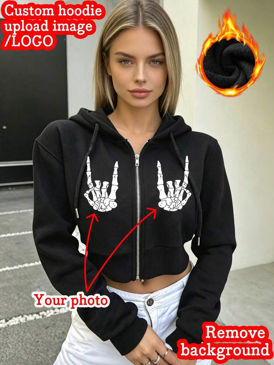 Personalized Customization - Women's Short Hooded Sweatshirt With Zipper - Front Pattern Customization LOG0/Christmas/Halloween/Workwear/School Uniform/Lucky Number/Skull Pattern - Family Pet Friend - Anything Can Be Customized/Hooded Zipper Sweatshirt - Black - View 1