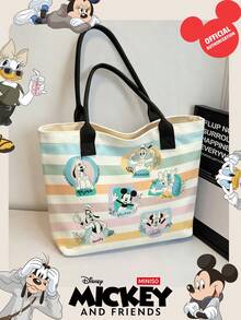Miniso Disney 米奇與好友帆布托特包，馬卡龍色條紋印花，附手柄肩背包，適合日常使用 - 黑色 - 查看 2