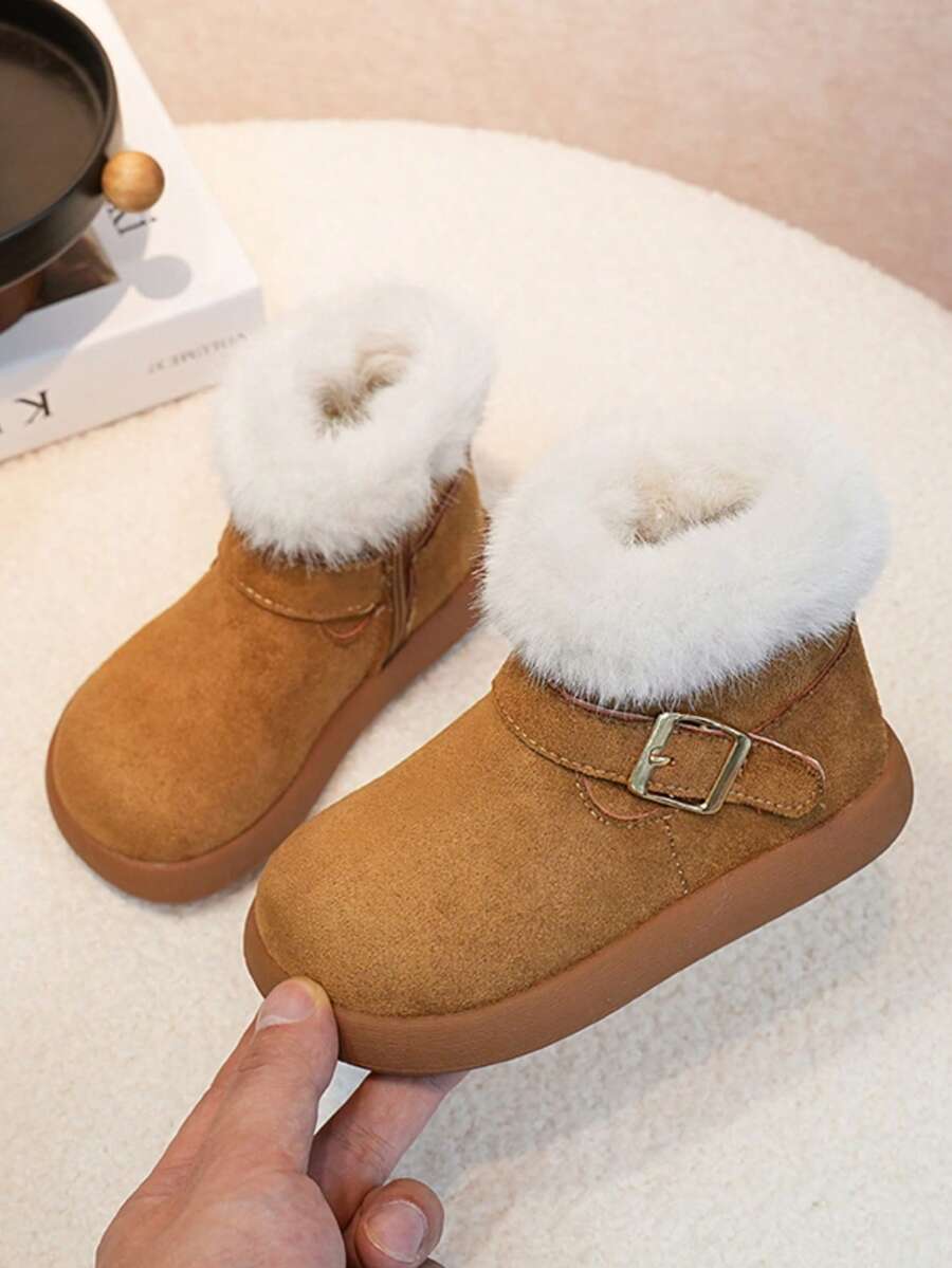 1 Pair Kids Padded Snow Boots, Thick Fur Lining For Warmth And Heat Retention, Buckle Decor, Side Zipper For Easy On And Off, Soft Sole Anti-Slip For Stable Walking - Camel - View 1