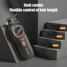Kemei Professional Zero Gap T-Blade Hair Clipper, LCD Digital Display Wireless Electric Hair Trimmer, Men's Use, Type-C USB Charging Beard Trimming Hair Styling Set, Includes 3 Guide Combs, Suitable For Hairline Gradient Carving Styling - Multicolor - View 6