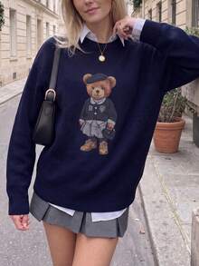 Women's Navy Blue Teddy Bear Print Knit Long Sleeve Crew Neck Pullover, Autumn Essential - Navy Blue - View 8
