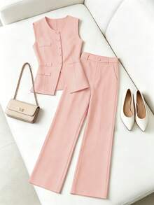 HOMEYEE Women's Fashion Pink Sleeveless Button Decor Tank Top & Wide Leg Pants Set, Elegant Commuter Outfit - Pink - View 7