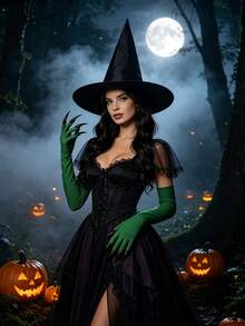 Halloween Witch Costume Set - Black Wizard Hat, Green Sharp Claws, Long Gloves. For Cosplay At Party, Stage Performance, Funny Accessories And Props. - Multicolor - View 3