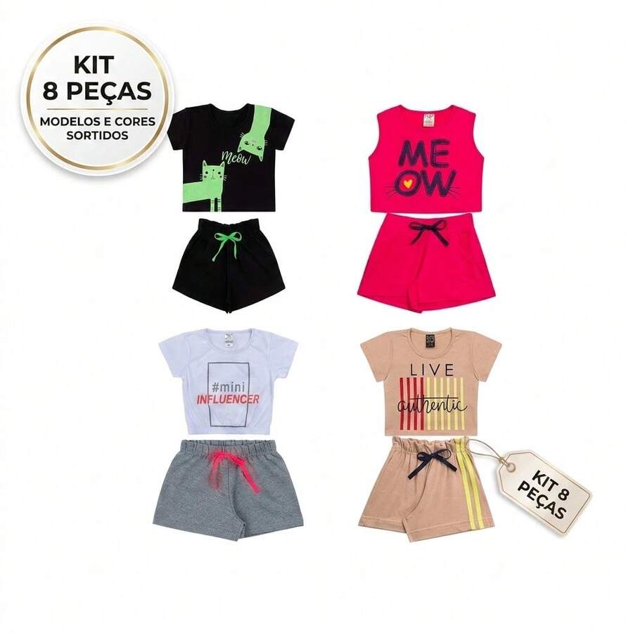 Kit 8 Peças de Roupas Infantil Menina SORTIDO - 4 Blusas + 4 Shorts - Promoção - Kit 4 Conjuntos Menina Infantil Barato - 2 ao 14 - Multicolorido - Visão 1