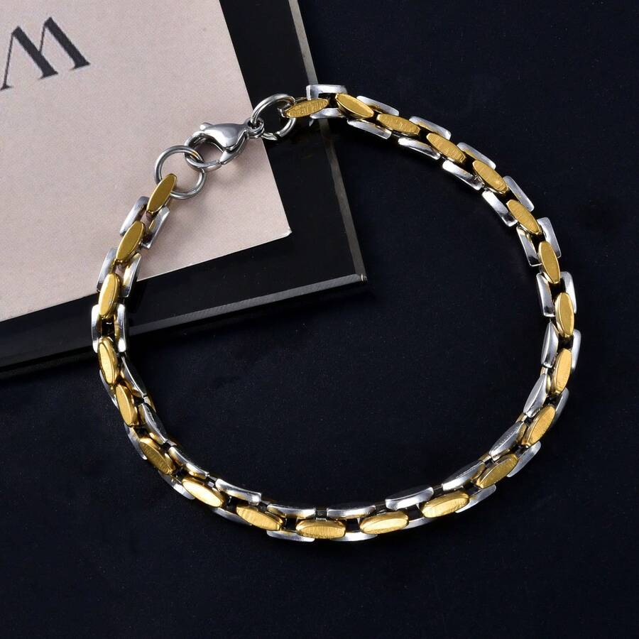 Classic Hip-Hop Street Style Stainless Steel Gold & Silver Dual-Tone Square Flat Bracelet, Unisex, Suitable For Daily Wear And Party - Multicolor - View 1