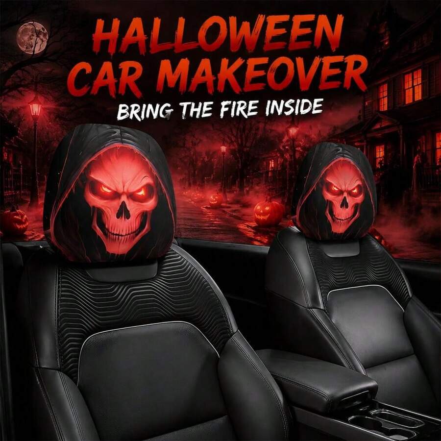 2 buah Sarung Sandaran Kepala Mobil Motif Tengkorak Merah dengan Penutup, Handuk Sandaran Kepala Lembut Elastisitas Tinggi dengan Cetakan Dua Sisi, Dekorasi Interior Mobil Halloween - Hitam - View 1