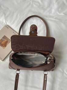 1PC Coffee Brown Leopard Print Baguette Underarm Bag, Metal Square Buckle Strap Decor, Rivet Reinforced Corners, Extended Matching Pattern Handheld Shoulder Strap, Street Style Commuter Shoulder Small Bag Light Pink Leopard Baguette Bag Rivet Decor Design Sweet Cool Style Handheld Shoulder Purse - Coffee Brown - View 9