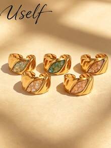 Uself 5pcs/1pc Cincin Lebar Bertekstur Vintage, Desain Alur Mata Kuda Cangkang Hancur Multi-Warna, Cincin Jari Telunjuk Mewah Kelas Atas yang Dapat Diatur - MultiWarna - View 9