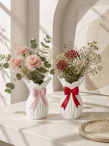 1pc White Bow Vase, Ruffled Rim Ribbed Flower Vase, Cute Pink/Red Bow Decor, Aesthetic Home Living Room Bedroom Tabletop Shelf Decor, Elegant Floral Arrangement Gift Vase - Multicolor - View 1