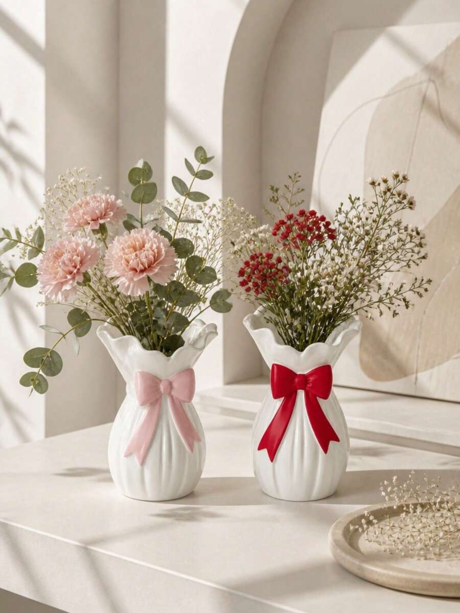 1pc White Bow Vase, Ruffled Rim Ribbed Flower Vase, Cute Pink/Red Bow Decor, Aesthetic Home Living Room Bedroom Tabletop Shelf Decor, Elegant Floral Arrangement Gift Vase - Multicolor - View 1