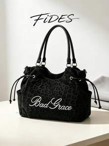 1pc New Women's Leopard Print Embroidered Letter PU Tote Bag, Drawstring Shoulder Strap Large Capacity Commuter Underarm Bag, Casual Daily Work Versatile Handbag Crossbody Bag - Black - View 7