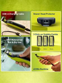 Philips OneBlade QP2724/10 Electric Shaver Trimmer Wet & Dry Use Dual-Sided Blade Glide Coating Rounded Tips 3 Click-On Stubble Combs IPX7 Waterproof - Multicolor - View 2