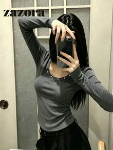 鉚釘圓領秋季針織毛衣，鉚釘裝飾百搭修身顯瘦女款上衣 - 灰色 - 查看 4