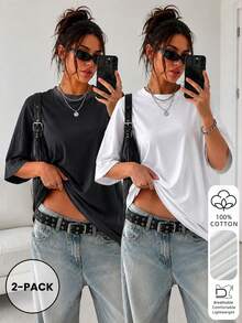 Women's Fashion 2pcs Loose Fit Traceable Cotton Short Sleeve T-Shirt, Round Neck, Solid Color, Regular Loose Fit, Suitable For Casual Summer New Style - Multicolor - View 2